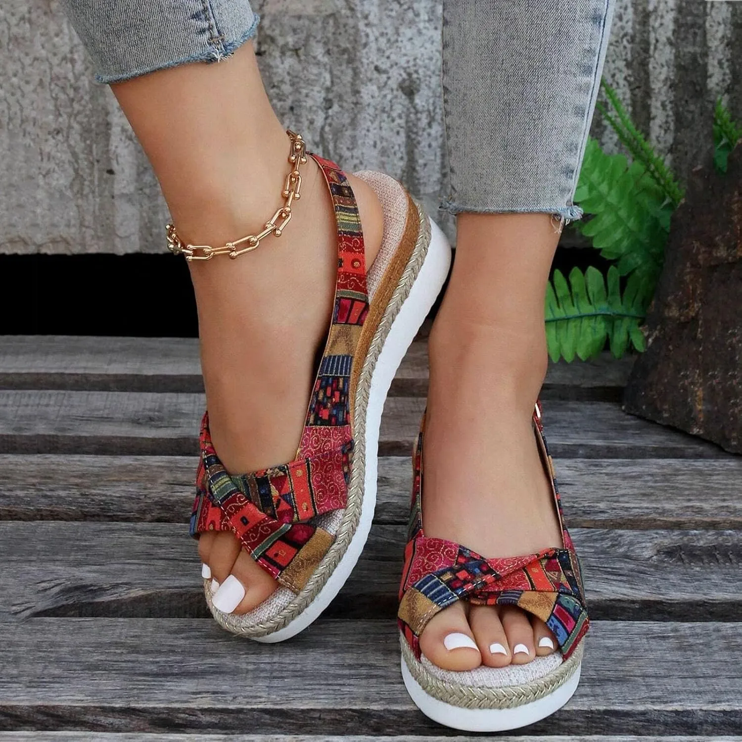 Women Geometric Pattern Slingback Sandals Vacation Canvas Wedge Sandals Bohemian Shoes Womens Sandals