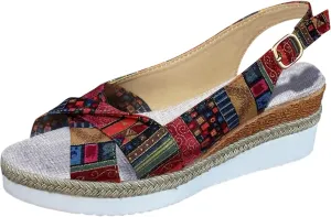 Women Geometric Pattern Slingback Sandals Vacation Canvas Wedge Sandals Bohemian Shoes Womens Sandals
