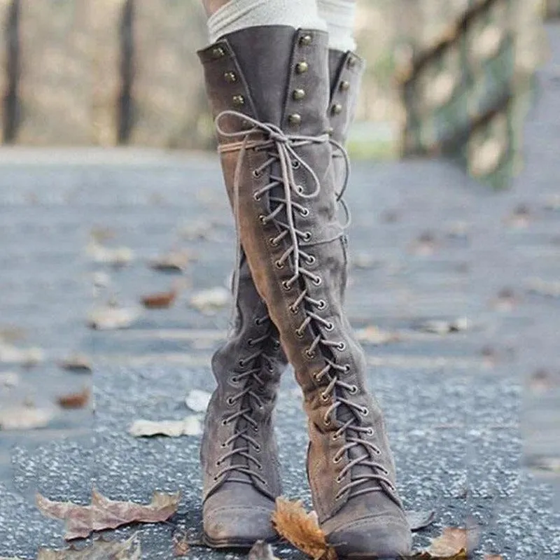 Women Long Studded Lace Up Knee High Boots