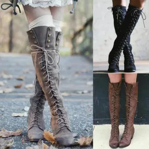 Women Long Studded Lace Up Knee High Boots
