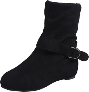 Women Slouchy Ankle Boots Side Zipper Fall Winter Flat Booties Vintage Buckle Suede Short Boot Fashion Winter Bootie