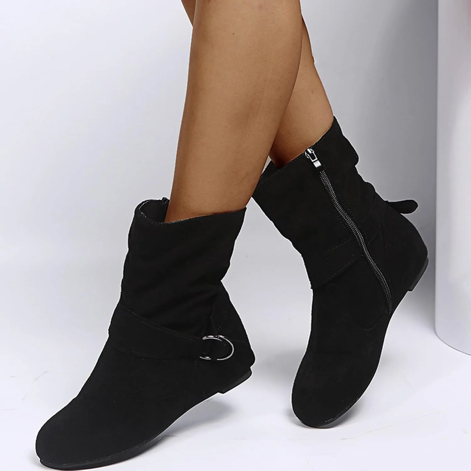 Women Slouchy Ankle Boots Side Zipper Fall Winter Flat Booties Vintage Buckle Suede Short Boot Fashion Winter Bootie