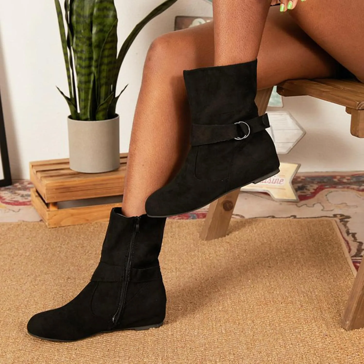 Women Slouchy Ankle Boots Side Zipper Fall Winter Flat Booties Vintage Buckle Suede Short Boot Fashion Winter Bootie