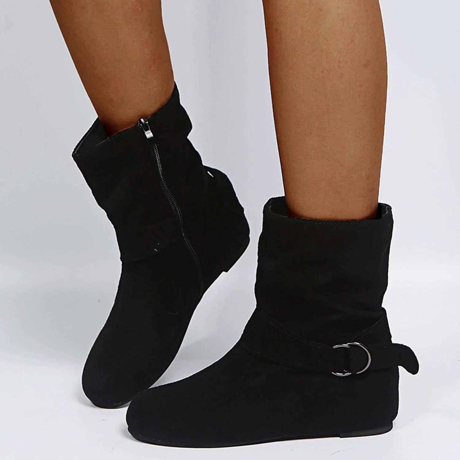 Women Slouchy Ankle Boots Side Zipper Fall Winter Flat Booties Vintage Buckle Suede Short Boot Fashion Winter Bootie