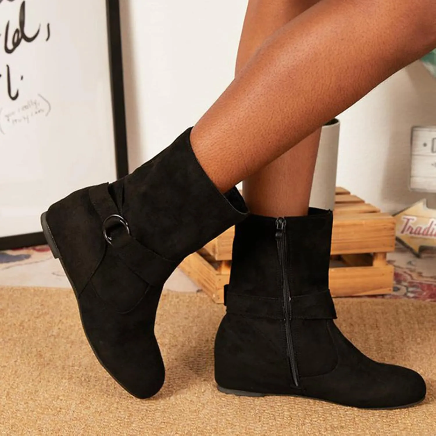 Women Slouchy Ankle Boots Side Zipper Fall Winter Flat Booties Vintage Buckle Suede Short Boot Fashion Winter Bootie