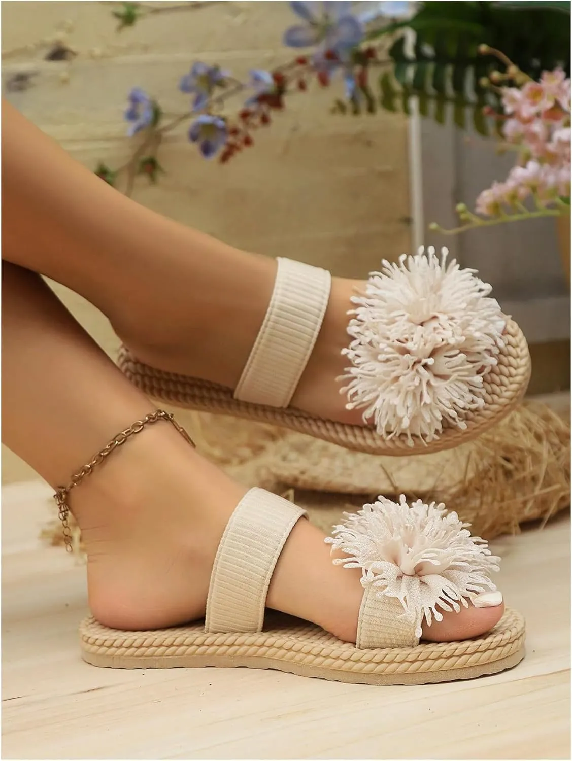 Women's 3D Floral Open Toe Slippers Comfy Flat Sandals Lightweight Slip Ons