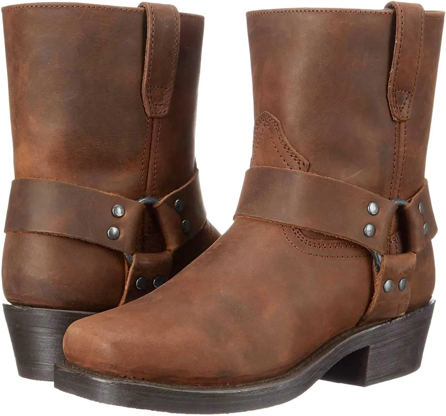 Women's Ankle Boots Vintage Casual Cowboy Boots Chunky Heel Mid-calf Boots Metal Triangle Ankle Buckle Boots with Pull Ring