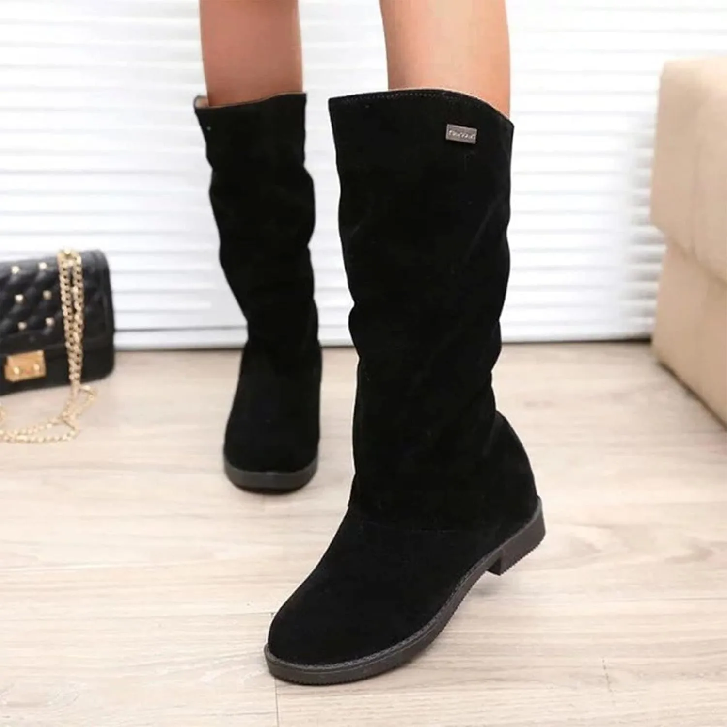 Womens Boots Classic Thick Heel Waterproof Boots for Women Warm Comfortable Soft Leather Mid-Calf Boots