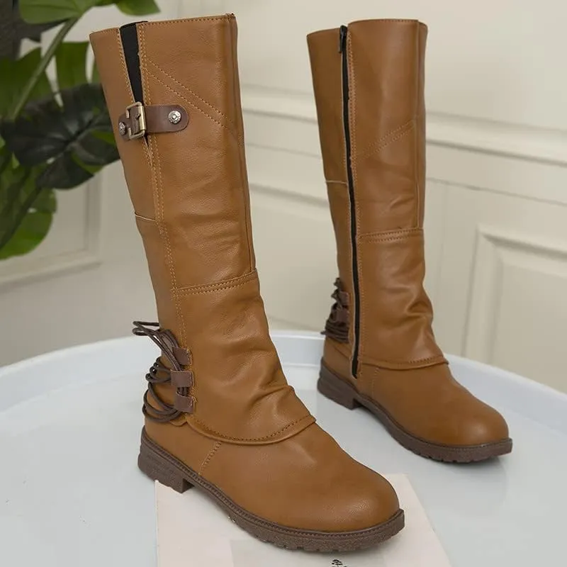 Womens Boots Fashion Buckle PU Leather Short Heel Waterproof Boots for Women Round Toe Side Zipper Mid-Calf Boots