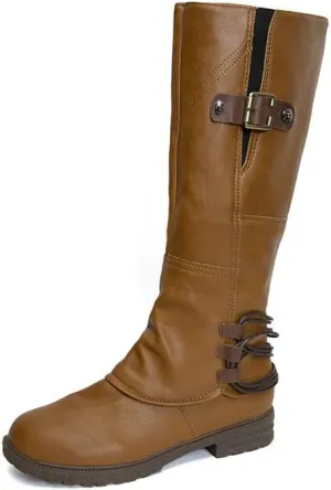 Womens Boots Fashion Buckle PU Leather Short Heel Waterproof Boots for Women Round Toe Side Zipper Mid-Calf Boots