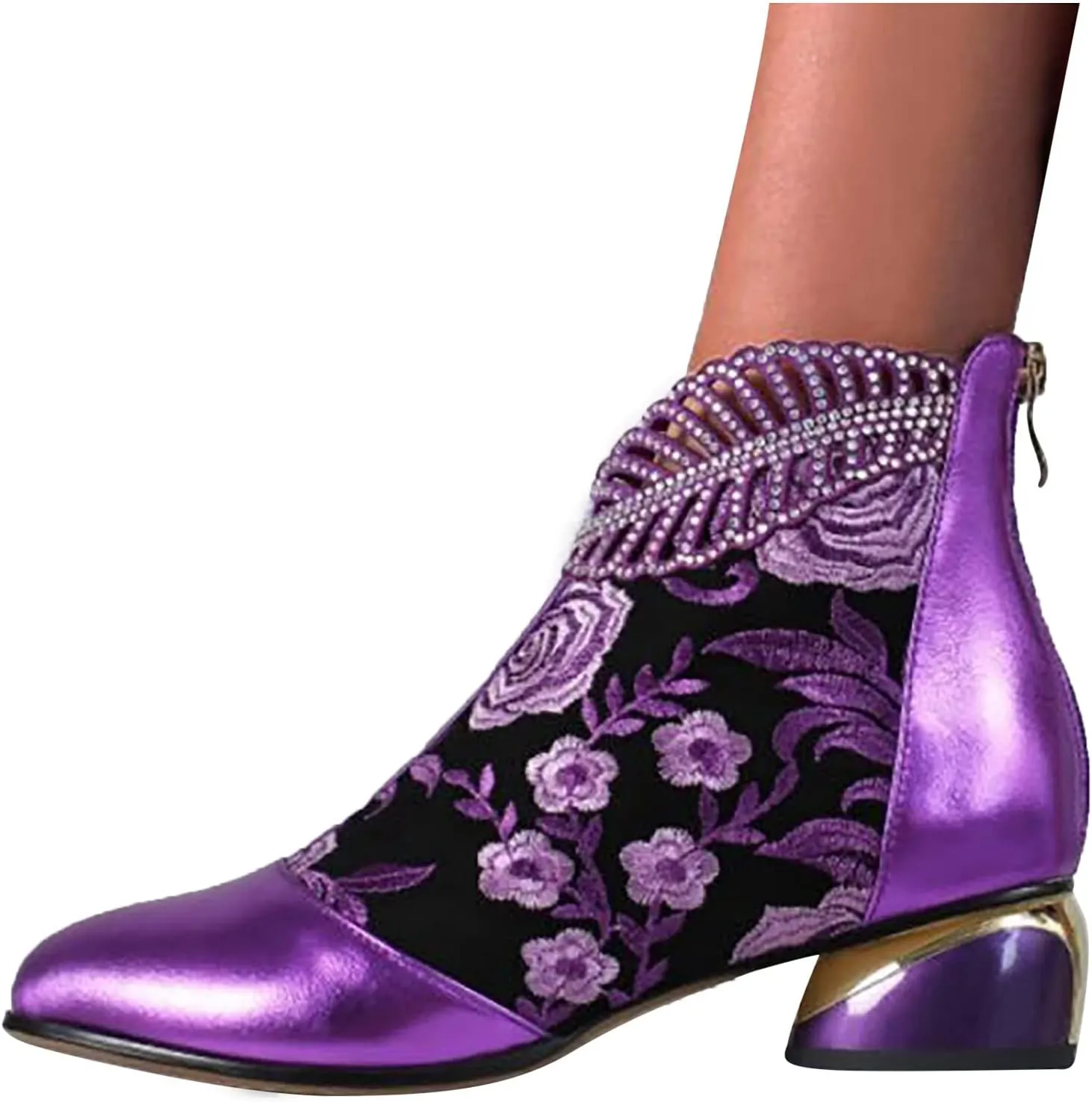 Womens Boots Fashion Pattern Chunky Heels Side Zipper Boots for Women Vintage PU Leather Elegant Ankle Boots
