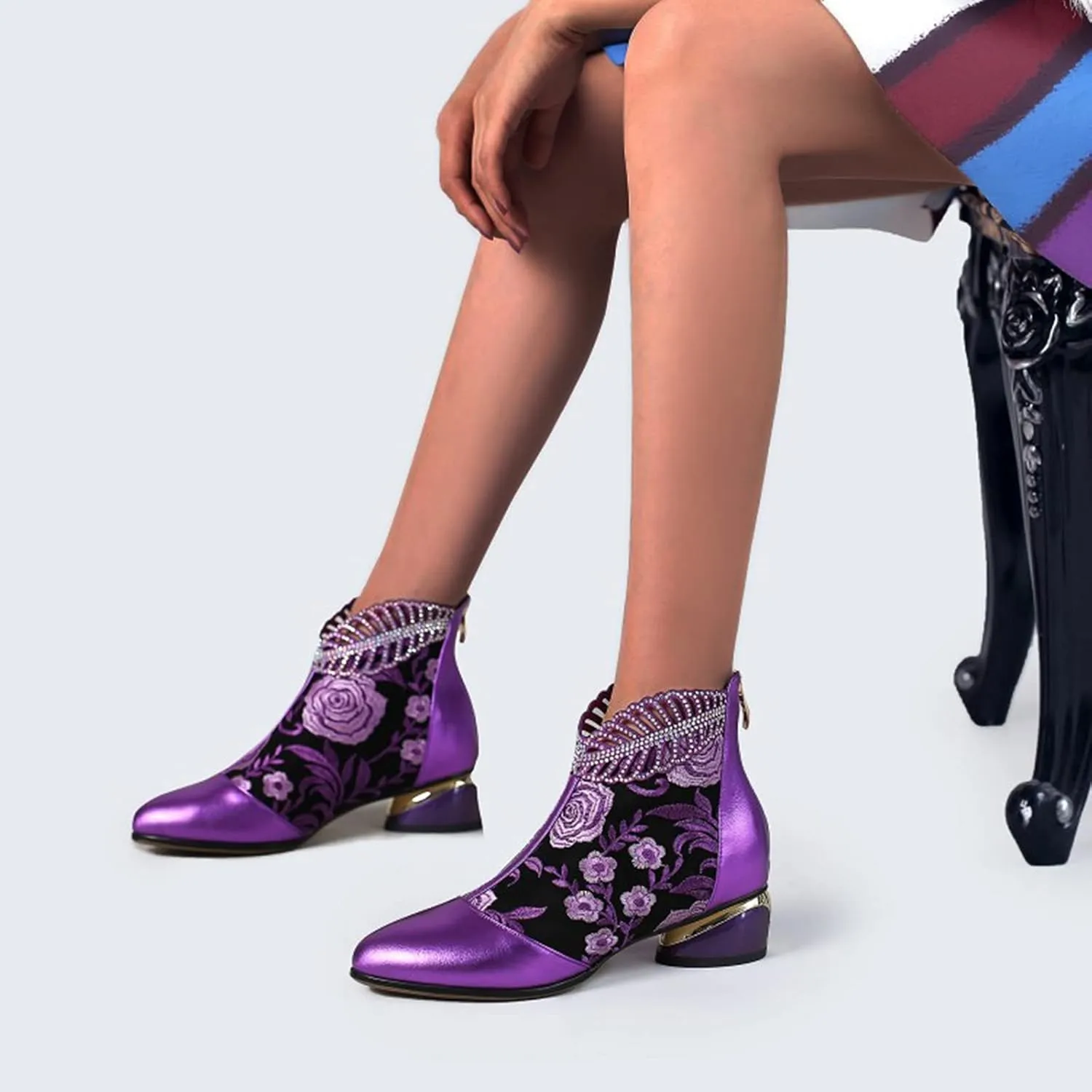 Womens Boots Fashion Pattern Chunky Heels Side Zipper Boots for Women Vintage PU Leather Elegant Ankle Boots