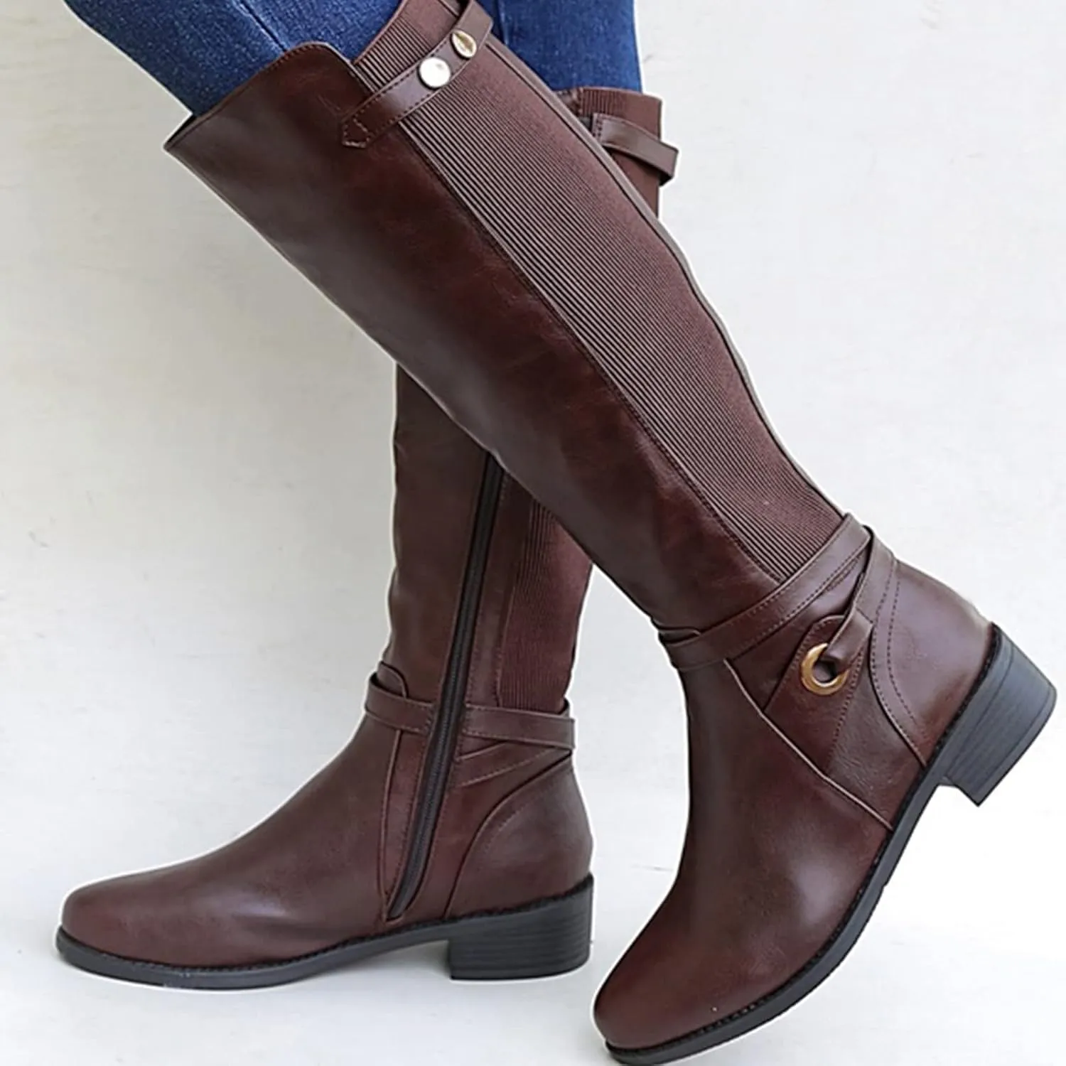 Womens Boots Fashion Ribbon PU Leather Side Zipper Boots for Women Chunky Heel Warm Winter Mid-Calf Boots