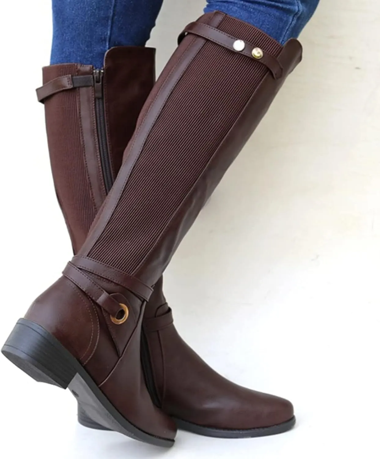 Womens Boots Fashion Ribbon PU Leather Side Zipper Boots for Women Chunky Heel Warm Winter Mid-Calf Boots