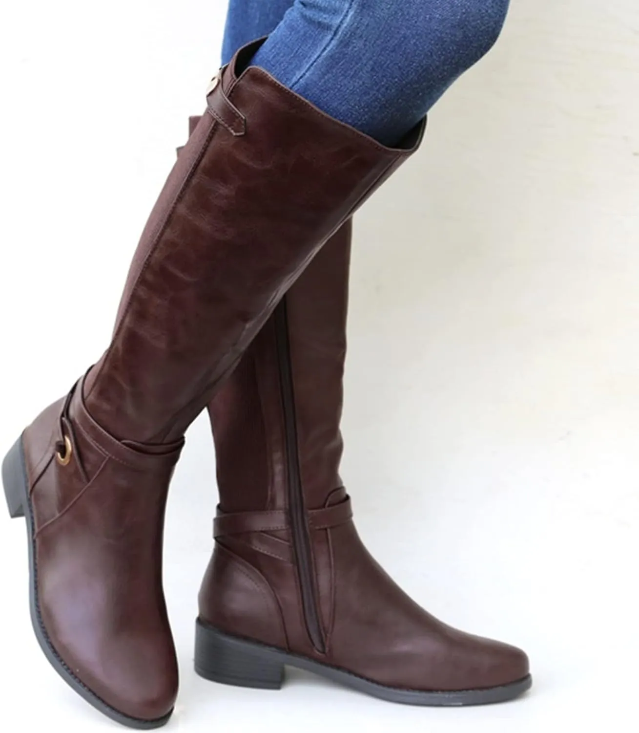 Womens Boots Fashion Ribbon PU Leather Side Zipper Boots for Women Chunky Heel Warm Winter Mid-Calf Boots