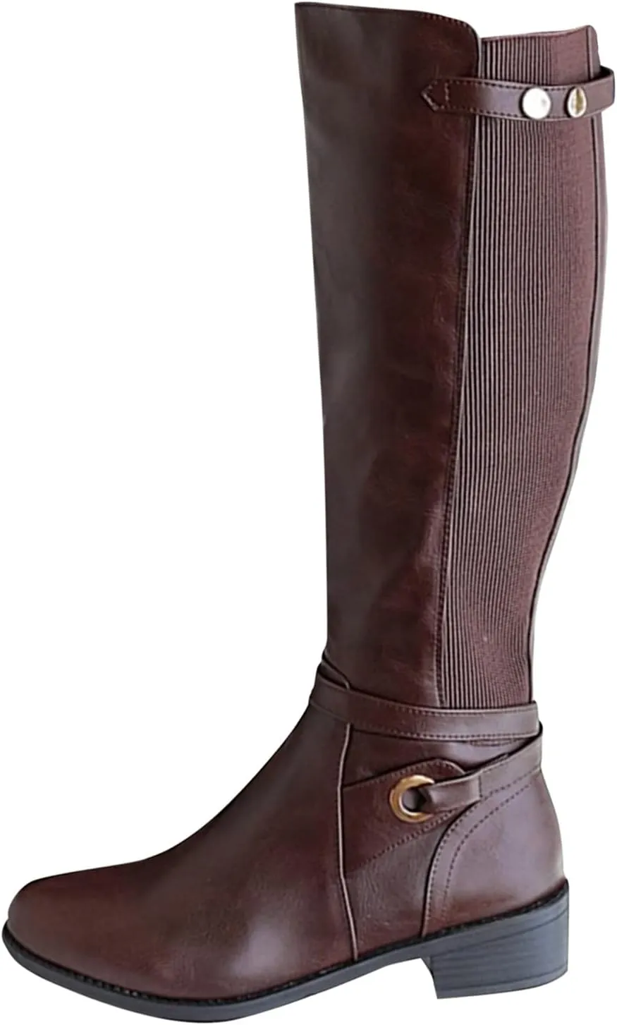 Womens Boots Fashion Ribbon PU Leather Side Zipper Boots for Women Chunky Heel Warm Winter Mid-Calf Boots
