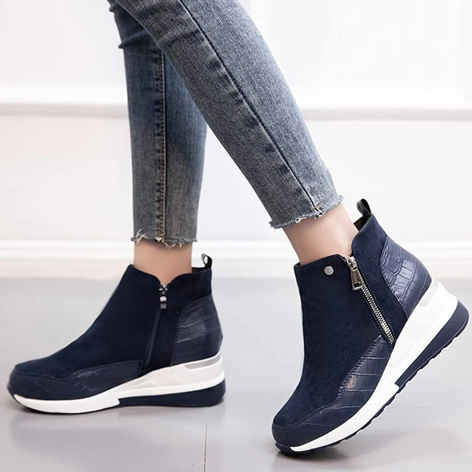Womens Boots Fashion Thick Sole Side Zipper Anti-slip Boots for Women PU Leather Round Toe Warm Short Boots