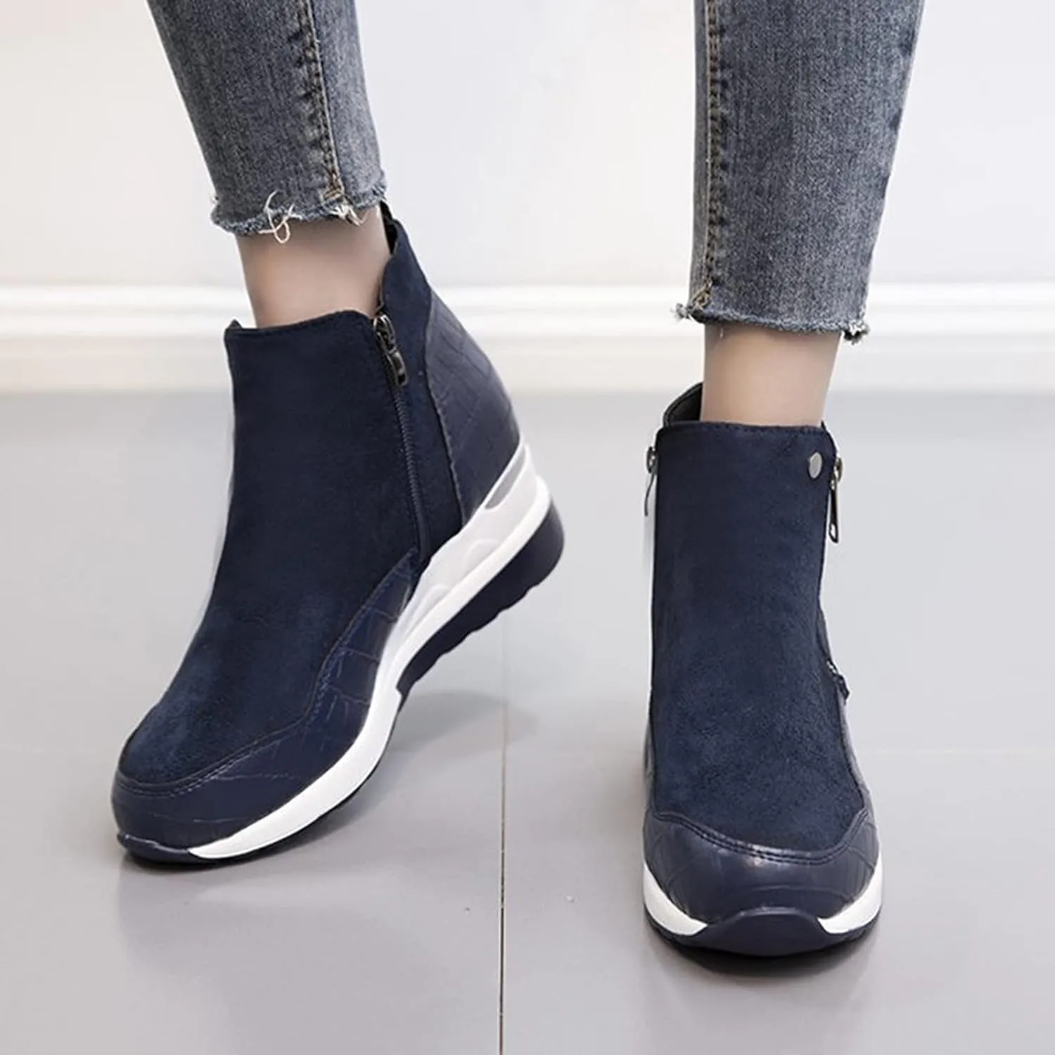 Womens Boots Fashion Thick Sole Side Zipper Anti-slip Boots for Women PU Leather Round Toe Warm Short Boots
