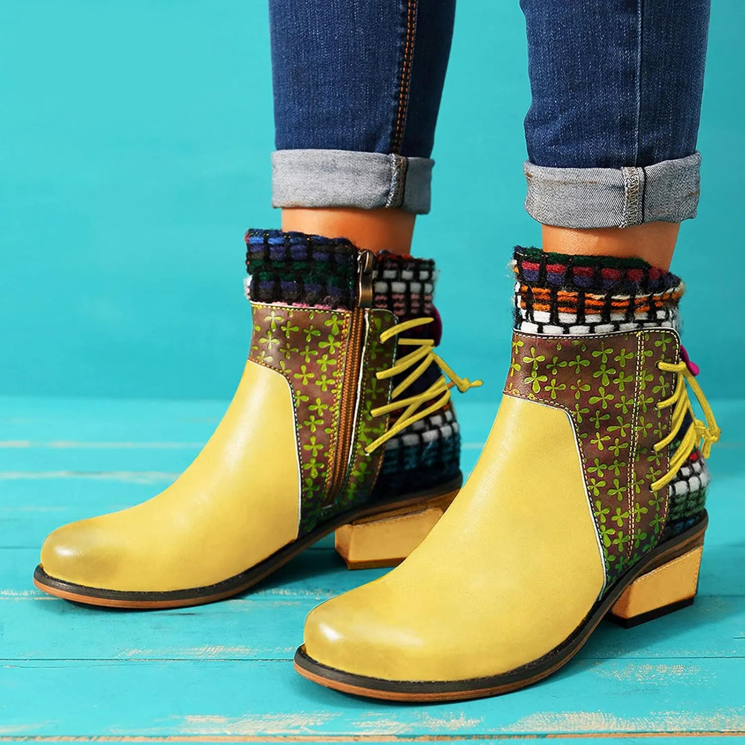 Womens Boots Retro Roman Ethnic Side Zipper Square Heel Boots for Women Soft Cozy Leather Ankle Boots