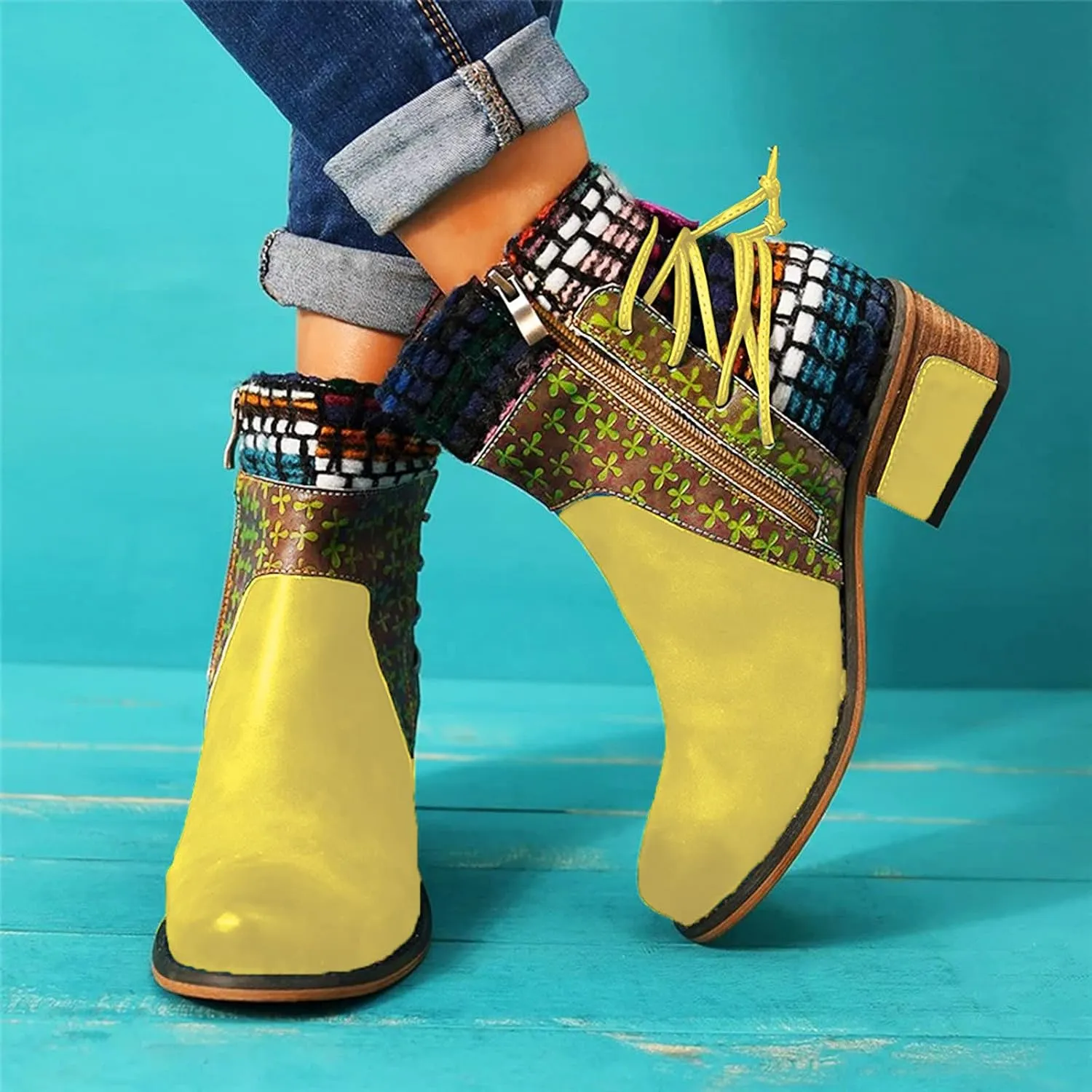 Womens Boots Retro Roman Ethnic Side Zipper Square Heel Boots for Women Soft Cozy Leather Ankle Boots