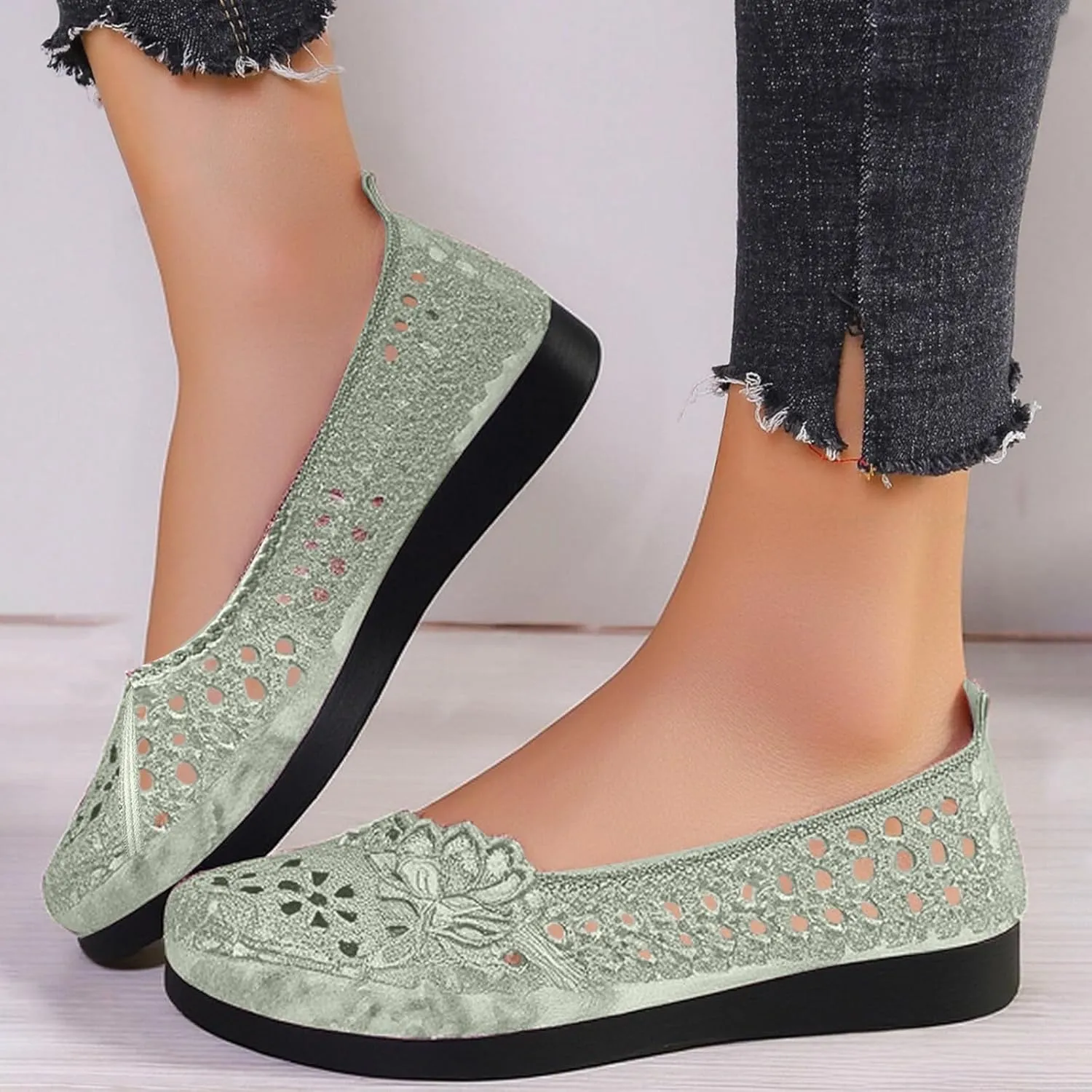 Women's Breathable Mesh Cutout Ballet Flat Loafers Comfortable Casual Slip On Walking Shoes for Daily Wear 2PCS