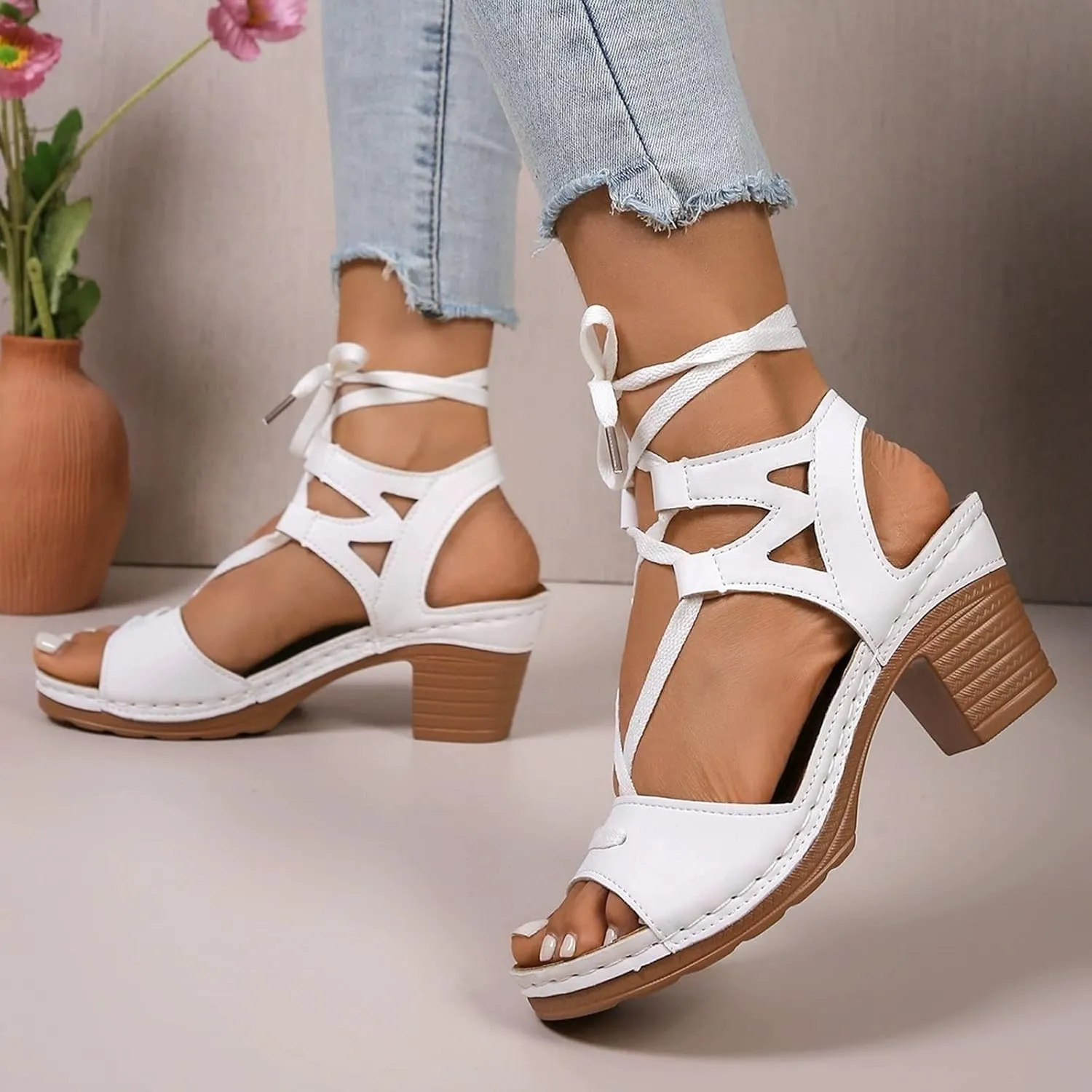 Women's Chunky Heel Sandals Summer Fashion Fish Mouth High Heel Strap Wrap Denim Sandals for Women with Heels