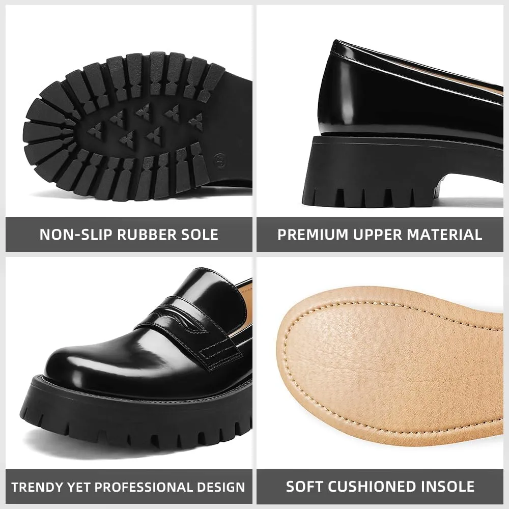 Womens Chunky Penny Loafers, Platform Lug Sole Slip On Business Casual Shoes, Patent Leather Comfortable Work Dressy Ladies Loafers