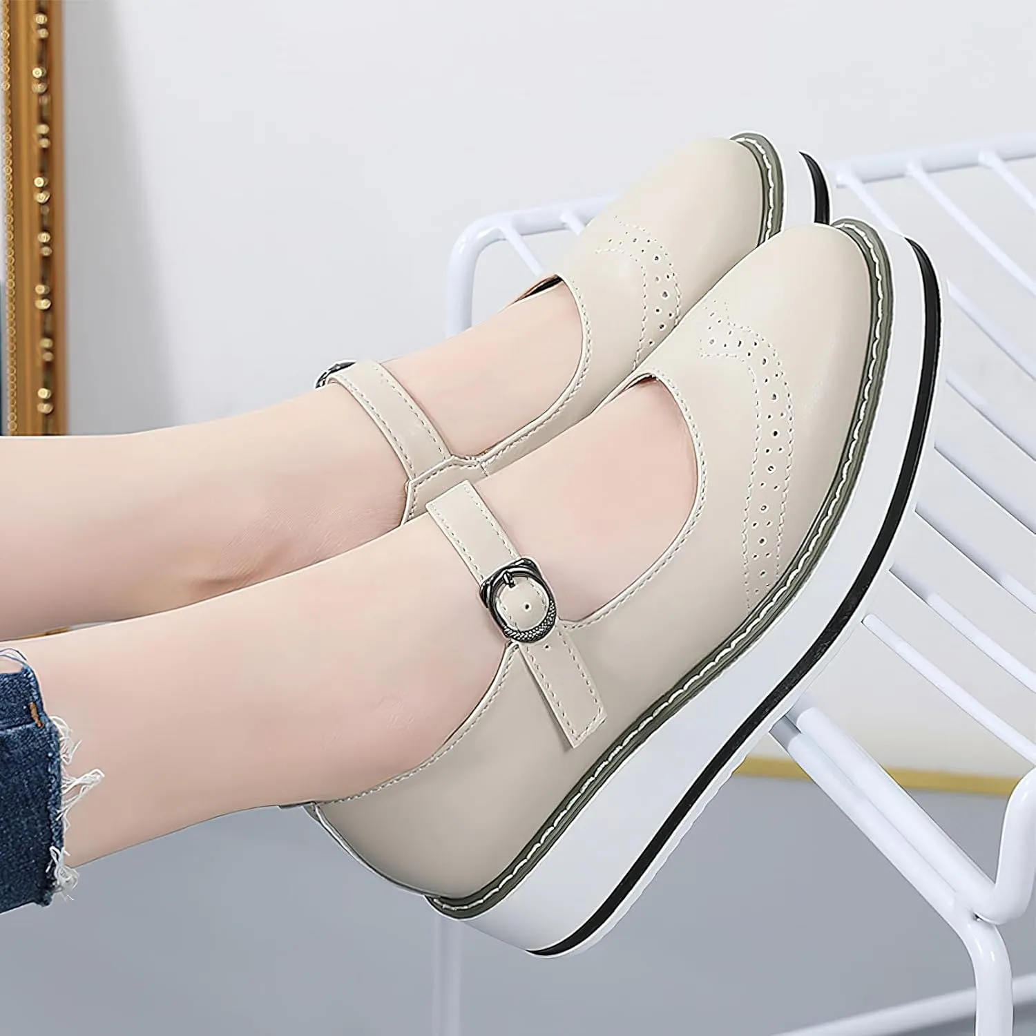 Women's Chunky Platform Mary Jane Trainers Vintage Brogues Creepers
