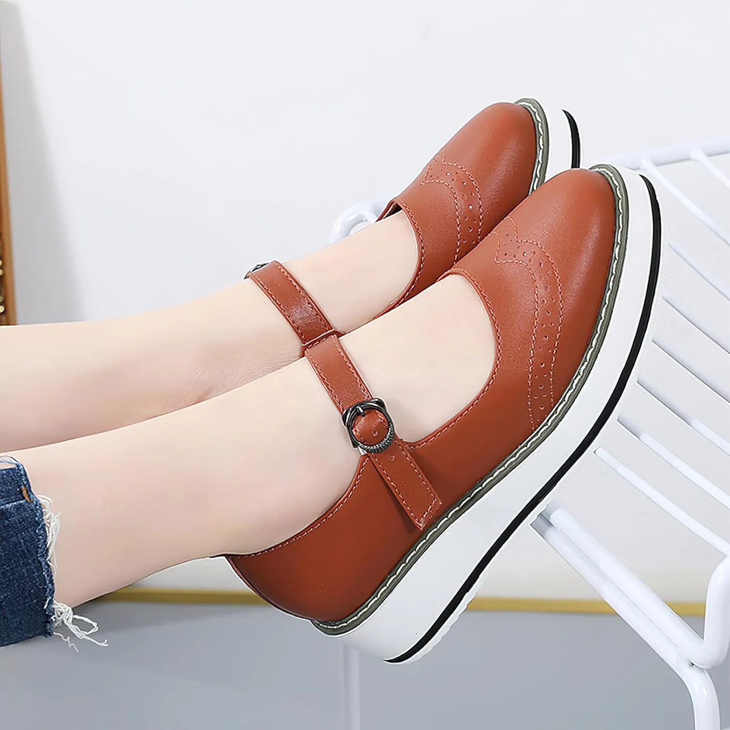 Women's Chunky Platform Mary Jane Trainers Vintage Brogues Creepers