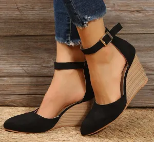 Women's Closed Toe Wedge Sandals, Comfortable Pointed Toe Buckle Ankle Strap Wedges Heels Pumps Cork Casual & Dressy Summer Shoes (A-Black, 10)