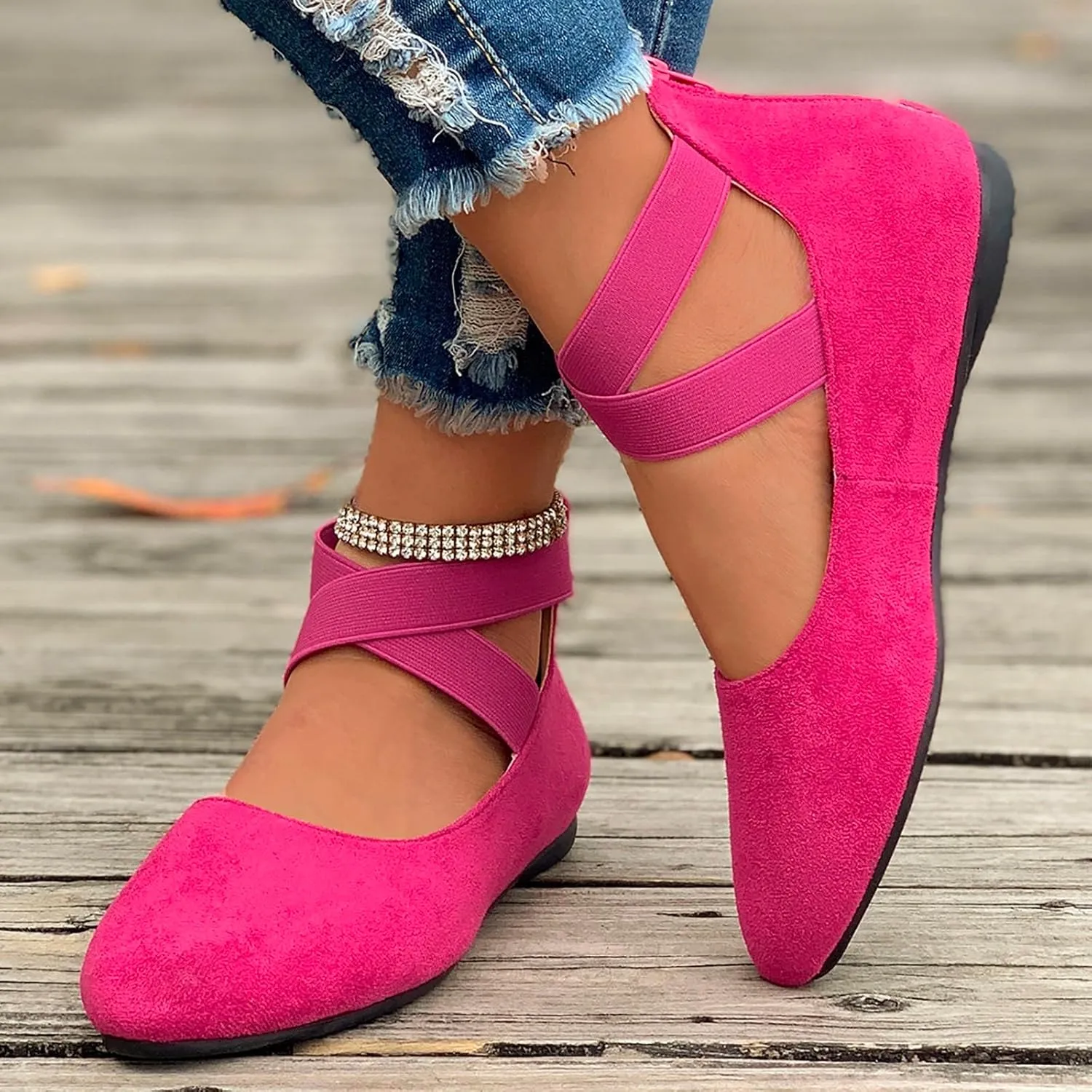 Women's Comfortable Ballet Flat Shoes with Elastic Ankle Straps Lightweight Business Casual Shoes Dress Flats