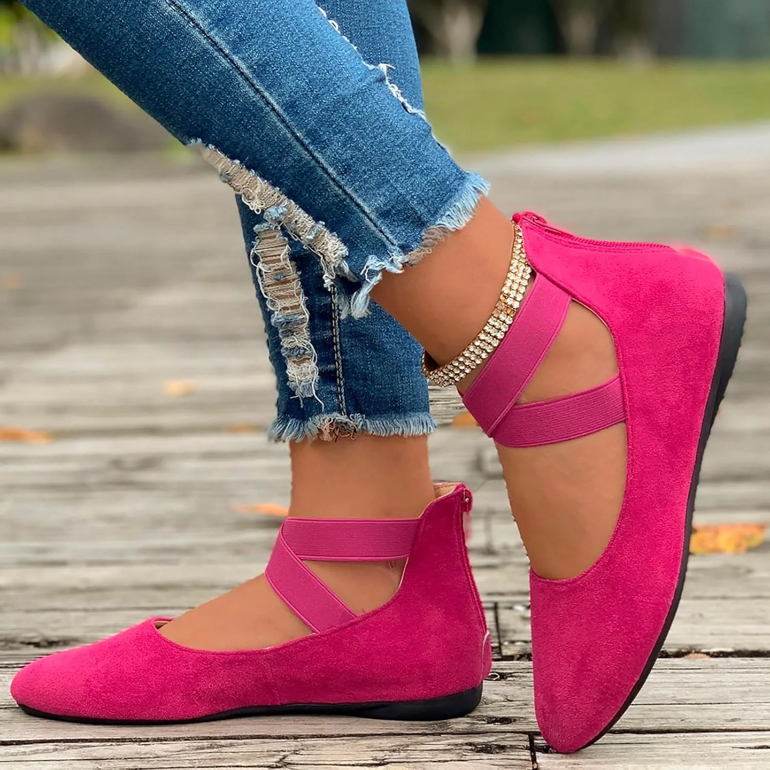 Women's Comfortable Ballet Flat Shoes with Elastic Ankle Straps Lightweight Business Casual Shoes Dress Flats