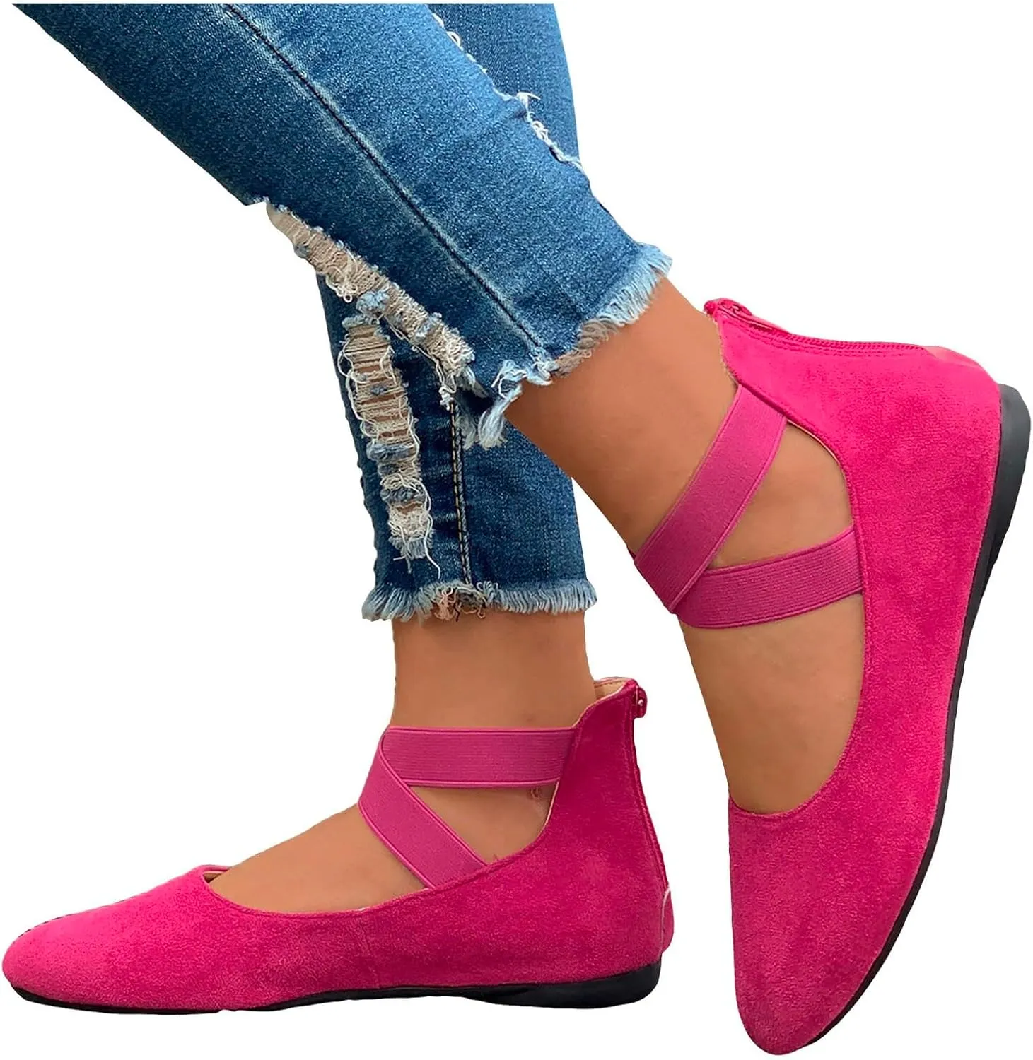 Women's Comfortable Ballet Flat Shoes with Elastic Ankle Straps Lightweight Business Casual Shoes Dress Flats