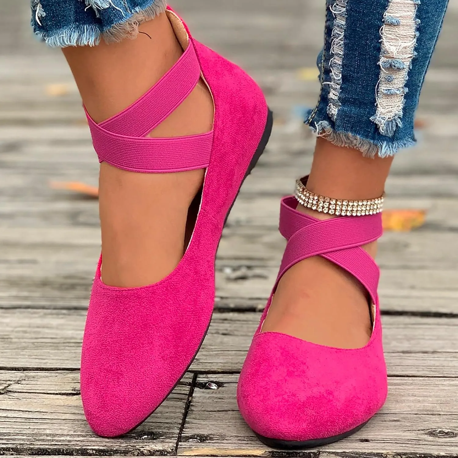Women's Comfortable Ballet Flat Shoes with Elastic Ankle Straps Lightweight Business Casual Shoes Dress Flats