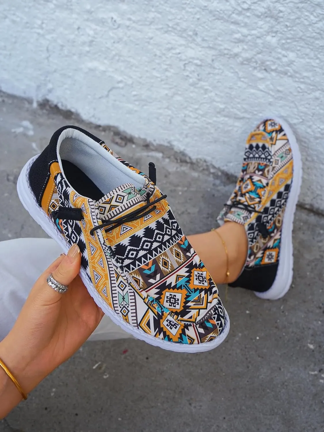 Women's Comfortable Dudes Wendy Aztec Print Lace-up Loafers Orthopedic Ultralight Canvas Boat Casual Shoes with Arch Support