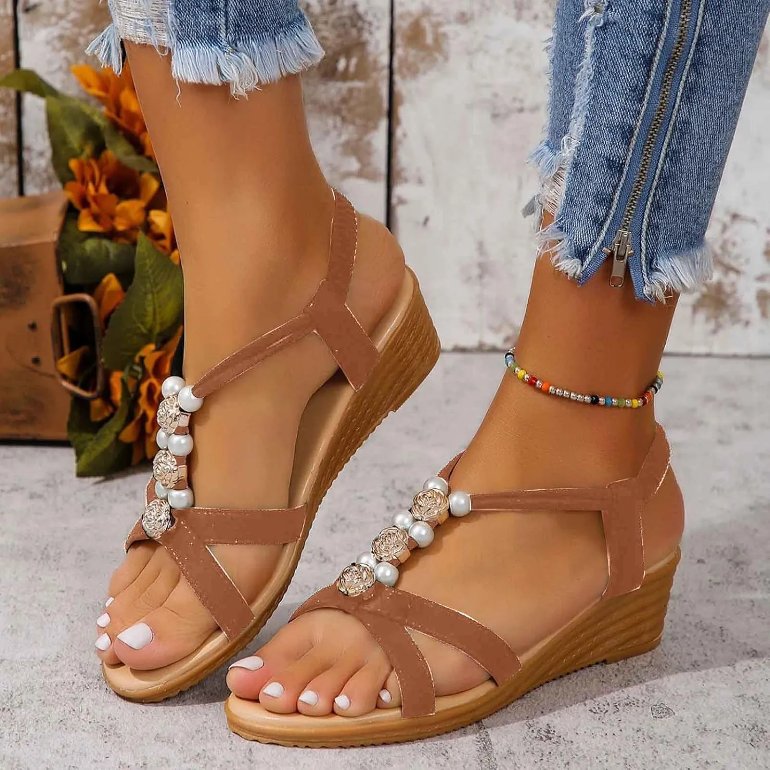 Women's Comfortable Wedge Sandals Summer Casual Open Toe Lightweight Breathable Slip On Beach Shoes for Outdoor