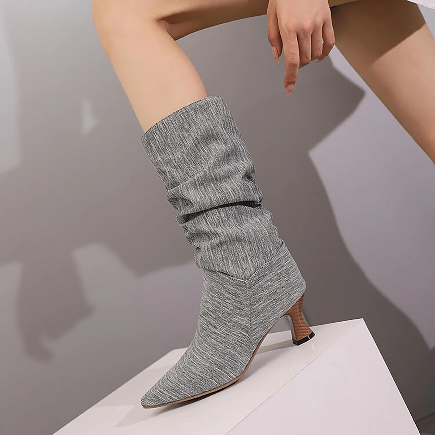 Women's Denim Mid-Calf Boots Western Cowboy Cowgirl Boots Sexy Pointed Toe Kitten Heel Boots Fashion Classic Dress Shoes Low Heeled Fall Boots Pull On Slouch Boot Ruched Wide Calf Boots