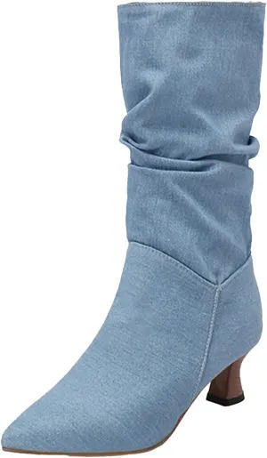 Women's Denim Mid-Calf Boots Western Cowboy Cowgirl Boots Sexy Pointed Toe Kitten Heel Boots Fashion Classic Dress Shoes Low Heeled Fall Boots Pull On Slouch Boot Ruched Wide Calf Boots