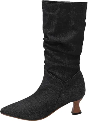 Women's Denim Mid-Calf Boots Western Cowboy Cowgirl Boots Sexy Pointed Toe Kitten Heel Boots Fashion Classic Dress Shoes Low Heeled Fall Boots Pull On Slouch Boot Ruched Wide Calf Boots