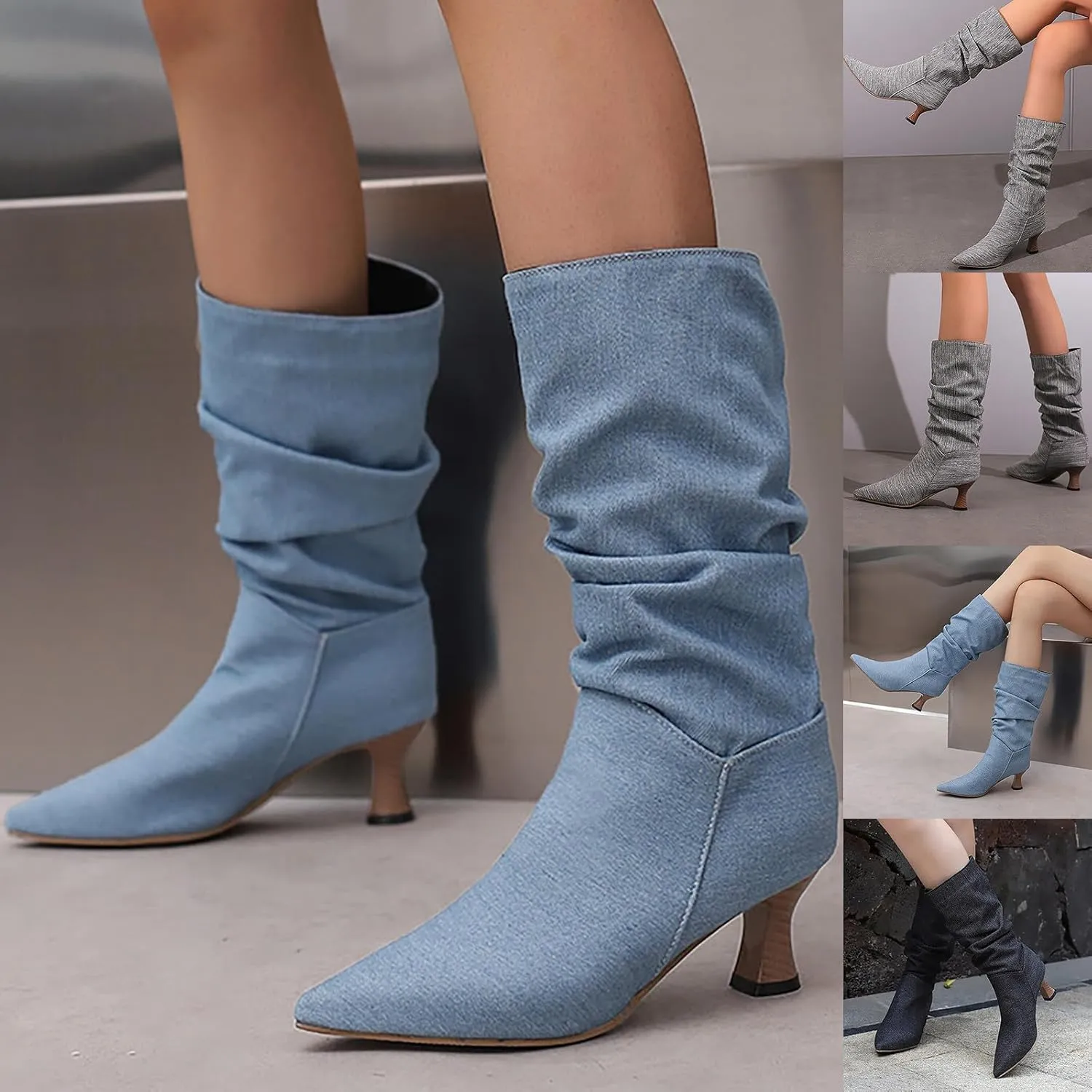 Women's Denim Mid-Calf Boots Western Cowboy Cowgirl Boots Sexy Pointed Toe Kitten Heel Boots Fashion Classic Dress Shoes Low Heeled Fall Boots Pull On Slouch Boot Ruched Wide Calf Boots
