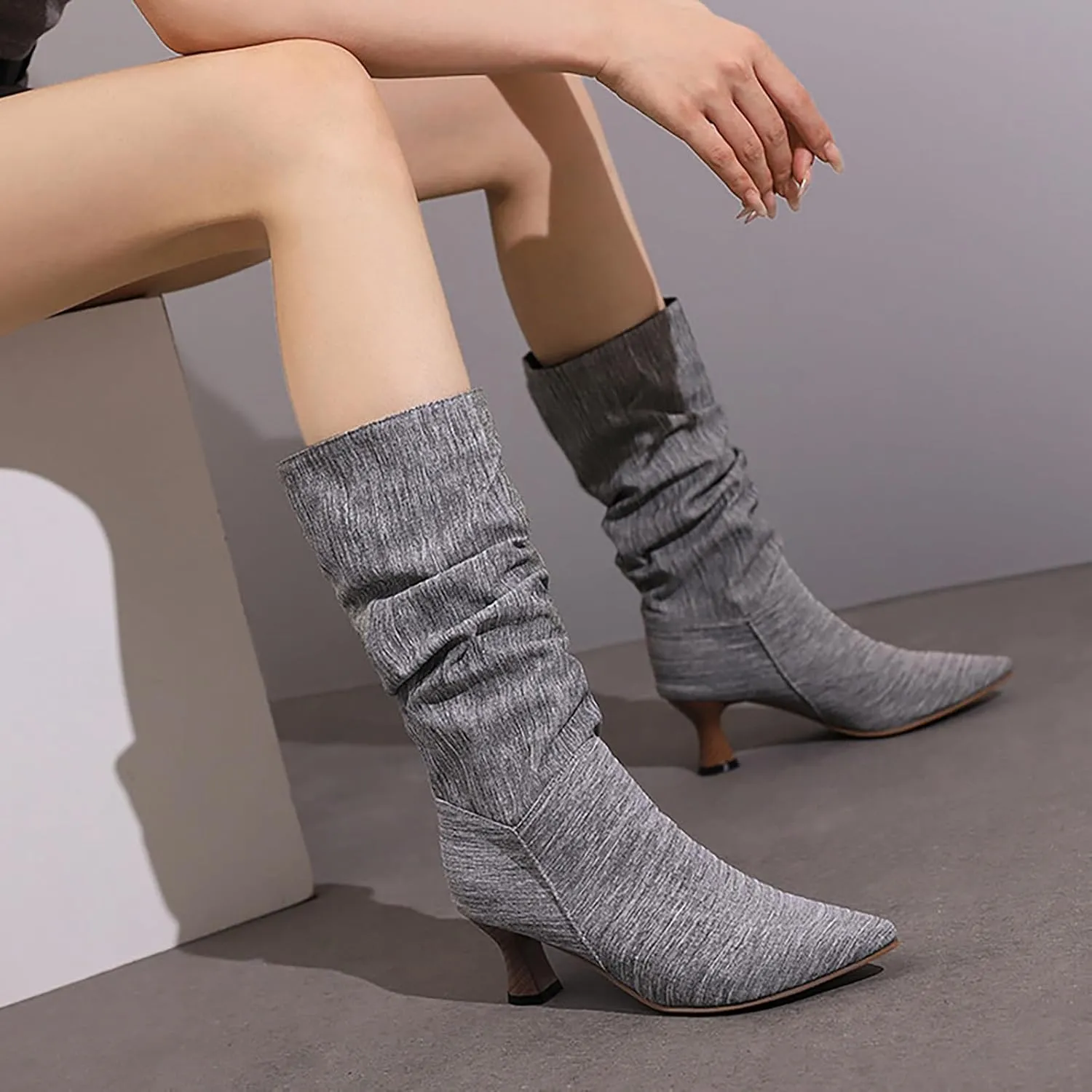 Women's Denim Mid-Calf Boots Western Cowboy Cowgirl Boots Sexy Pointed Toe Kitten Heel Boots Fashion Classic Dress Shoes Low Heeled Fall Boots Pull On Slouch Boot Ruched Wide Calf Boots
