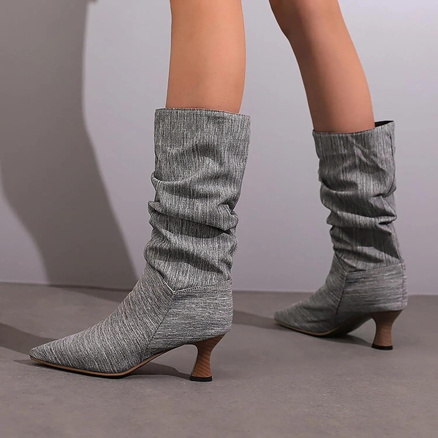 Women's Denim Mid-Calf Boots Western Cowboy Cowgirl Boots Sexy Pointed Toe Kitten Heel Boots Fashion Classic Dress Shoes Low Heeled Fall Boots Pull On Slouch Boot Ruched Wide Calf Boots