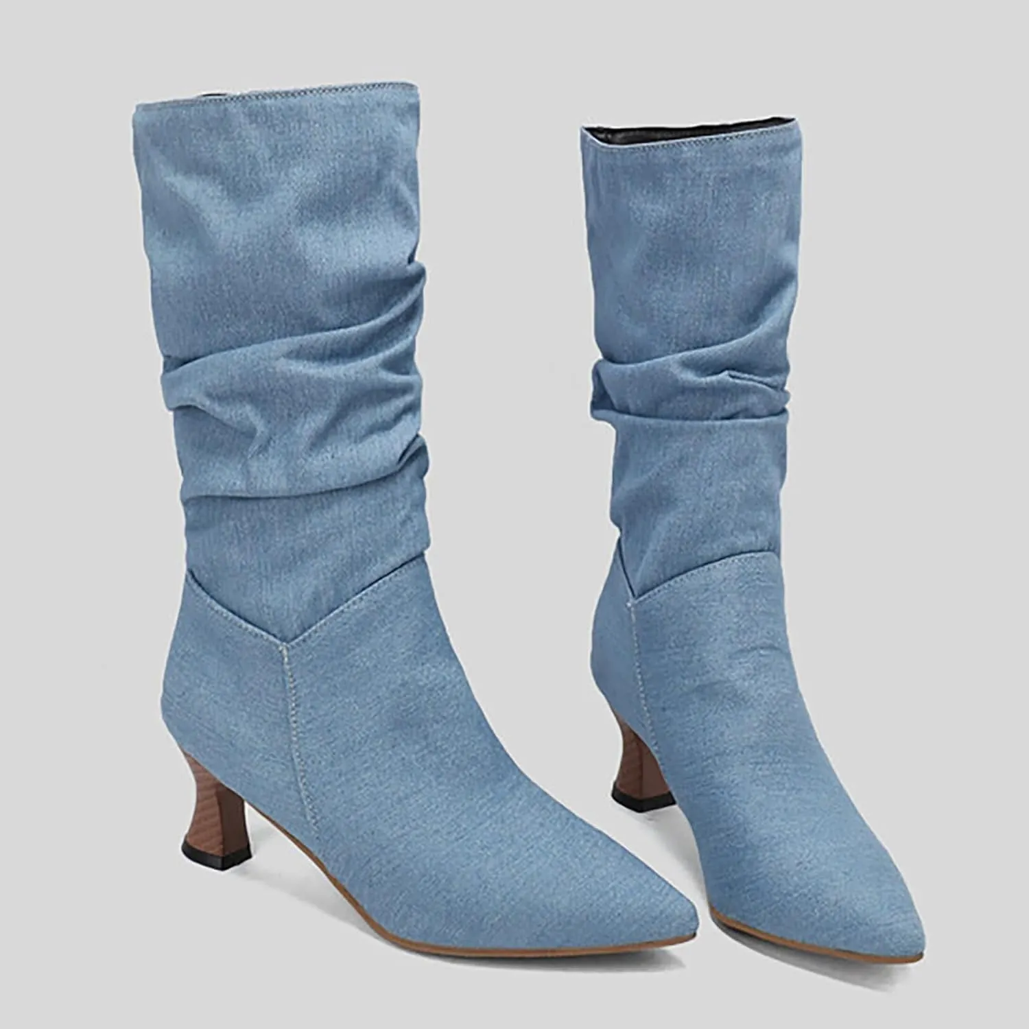 Women's Denim Mid-Calf Boots Western Cowboy Cowgirl Boots Sexy Pointed Toe Kitten Heel Boots Fashion Classic Dress Shoes Low Heeled Fall Boots Pull On Slouch Boot Ruched Wide Calf Boots