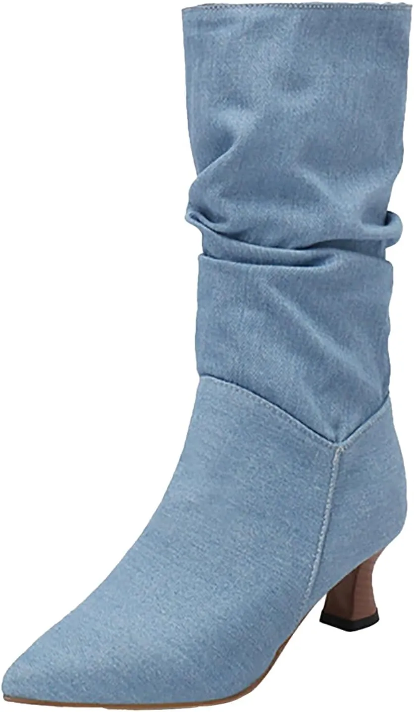 Women's Denim Mid-Calf Boots Western Cowboy Cowgirl Boots Sexy Pointed Toe Kitten Heel Boots Fashion Classic Dress Shoes Low Heeled Fall Boots Pull On Slouch Boot Ruched Wide Calf Boots