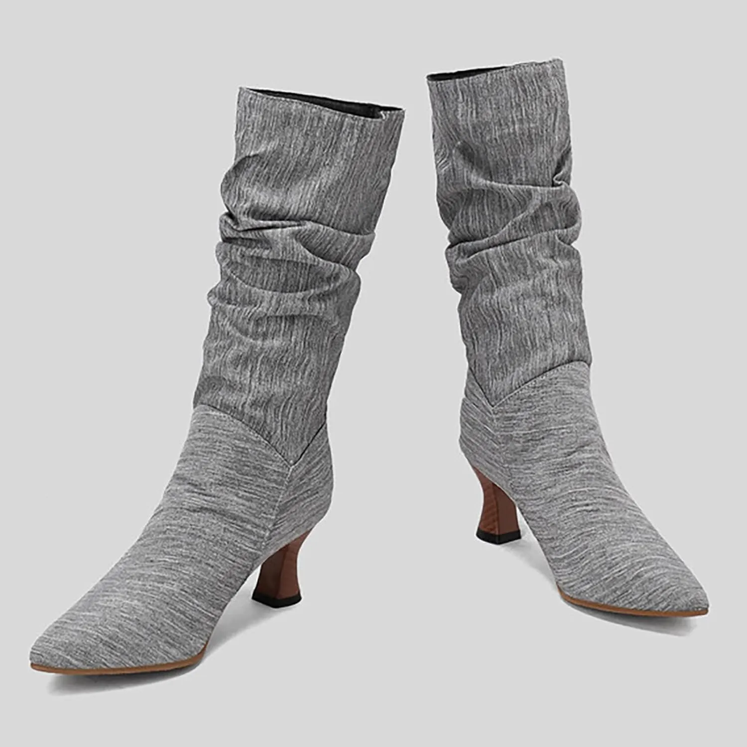 Women's Denim Mid-Calf Boots Western Cowboy Cowgirl Boots Sexy Pointed Toe Kitten Heel Boots Fashion Classic Dress Shoes Low Heeled Fall Boots Pull On Slouch Boot Ruched Wide Calf Boots