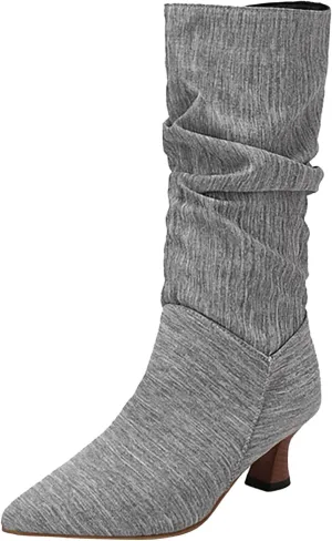 Women's Denim Mid-Calf Boots Western Cowboy Cowgirl Boots Sexy Pointed Toe Kitten Heel Boots Fashion Classic Dress Shoes Low Heeled Fall Boots Pull On Slouch Boot Ruched Wide Calf Boots