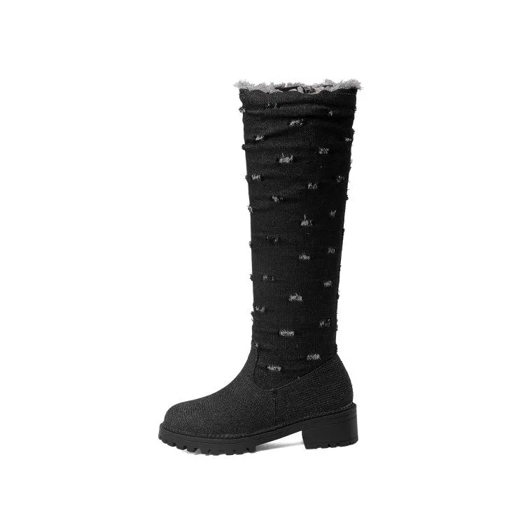 Women's Denim Mid Heel Knee High Boots