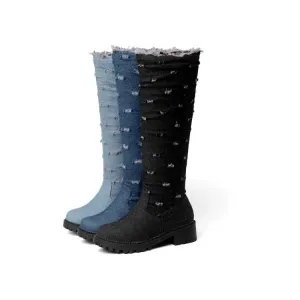 Women's Denim Mid Heel Knee High Boots