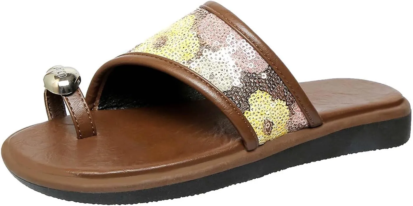 Women's Fashion Rhinestones Slides Cute Dressy Summer Sandals Sparkling Strappy Thong Flats Slip ons with Toe Ring