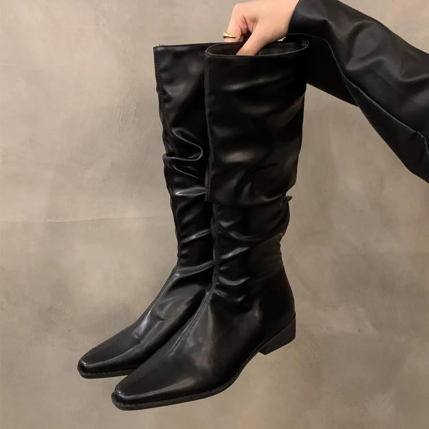 Womens Faux Leather Knee High Boots Wide Calf Almond Toe Chunky Low Heel Slouchy Booties Fashion Dress Boot Warm Fall Boots Comfortable Pull On Tall Boots Long Boots Winter Shoes